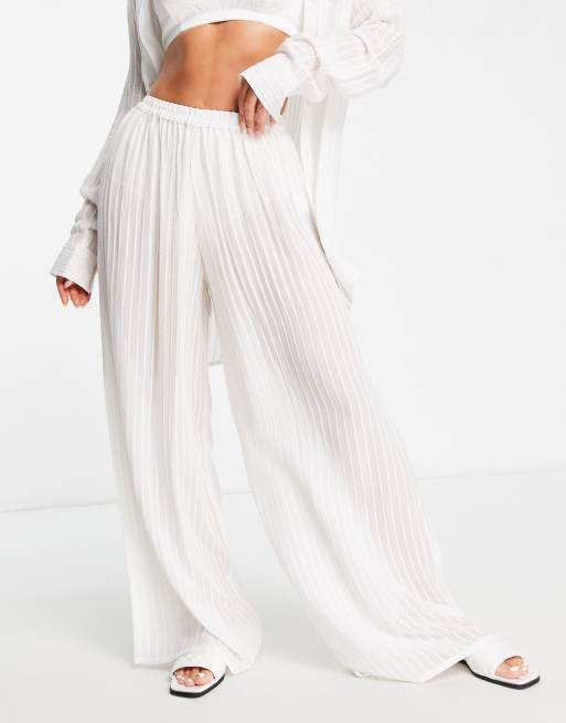 Sheer White Lace Beach Pants with Fold-Over Waistband - Sunnyside Swimwear