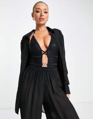 Esmee Exclusive sheer striped beach shirt in black