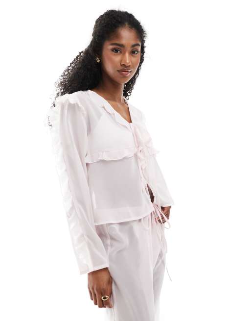 Esmee Exclusive sheer tie front beach top with ruffle trim in pink