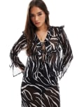 [Esmée] Esmee Exclusive sheer tie front beach top with ruffle trim in zebra-Multi 10 Zebra Print