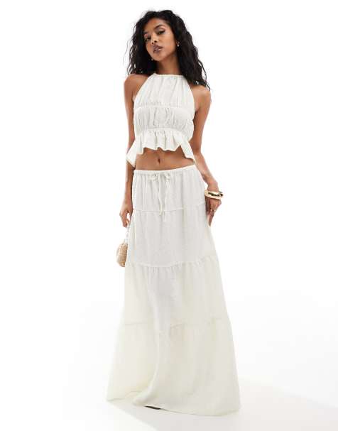 Esmee Exclusive sheer tiered beach skirt co-ord in textured cream - view 1