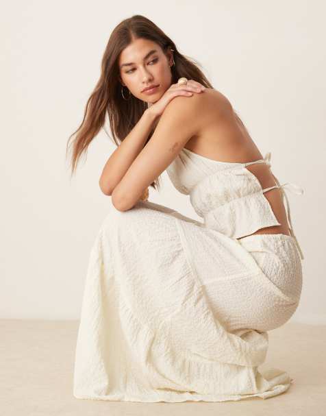 Esmee Exclusive sheer tiered beach skirt co-ord in textured cream - view 1