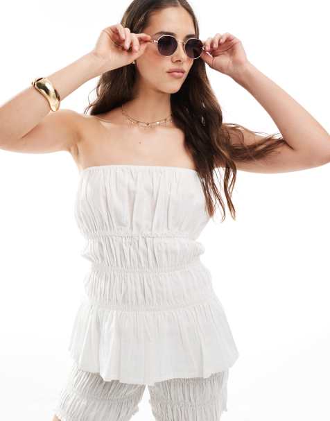 Esmee Exclusive shirred bandeau beach top in white