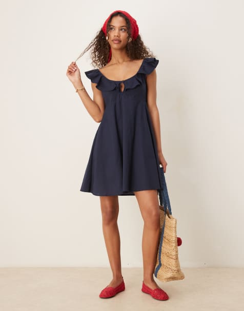 Esmee Exclusive shirred beach mini dress with frill straps and bow detail in navy - view 1