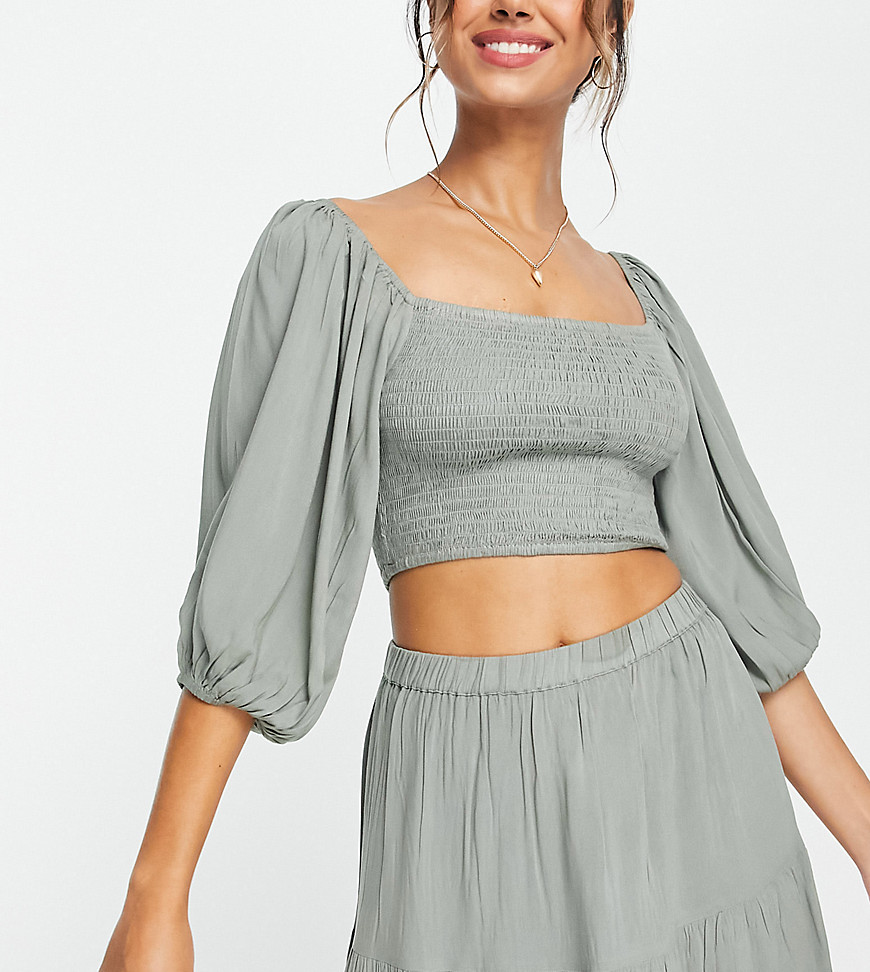 Esmee Exclusive shirred crop top co-ord with balloon sleeves in aloe-Green