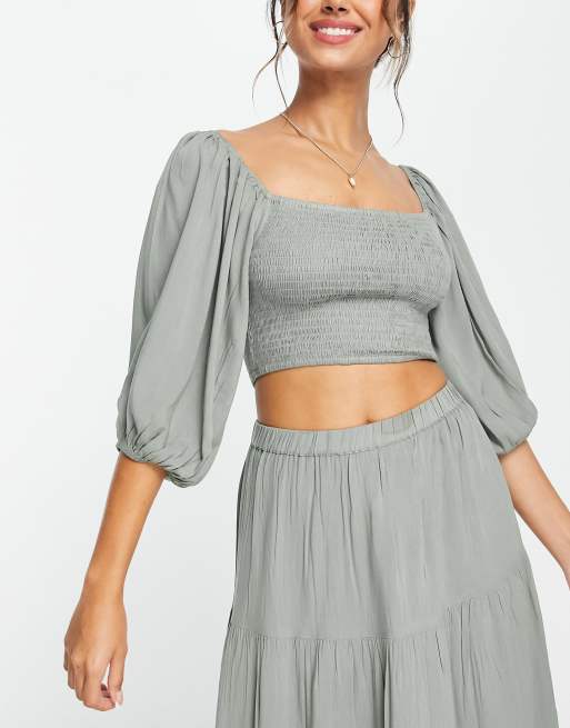 Esmee Exclusive shirred crop top co-ord with balloon sleeves in aloe