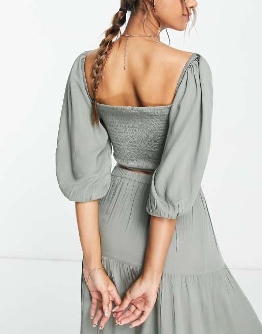 Esmee Exclusive shirred crop top co-ord with balloon sleeves in aloe, 2 of 4