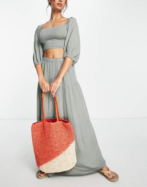 Esmee Exclusive shirred crop top co-ord with balloon sleeves in aloe, 3 of 4