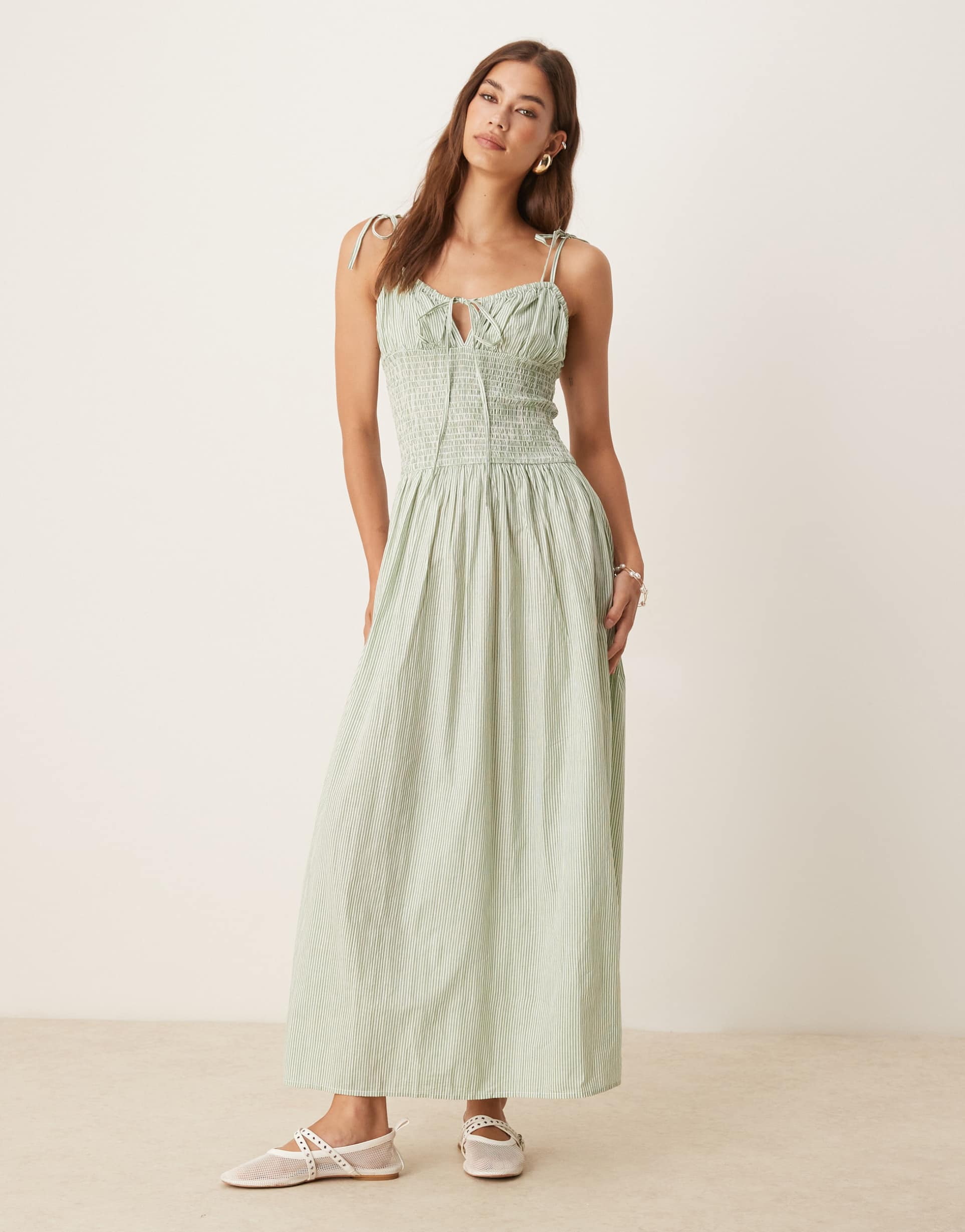 esmée exclusive shirred detail maxi beach dress in green stripe