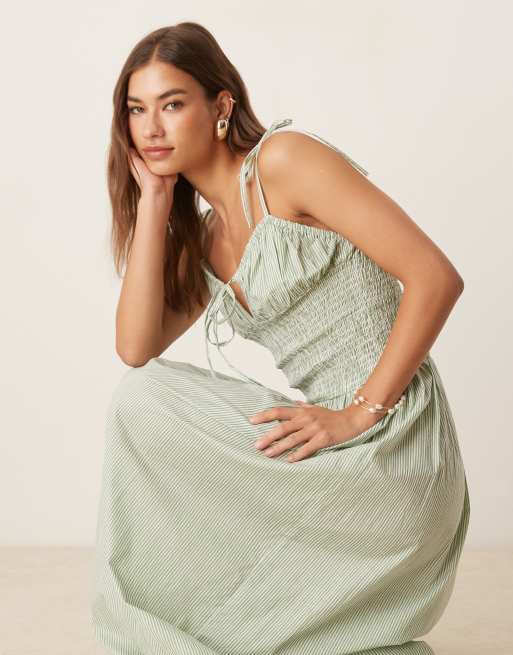 Esmee Exclusive shirred detail maxi beach dress in green stripe, 4 of 4