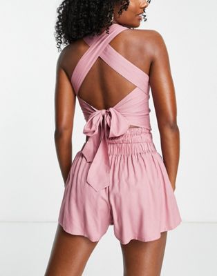 Esmee Exclusive shirred front beach top with tie back co-ord in dusty rose