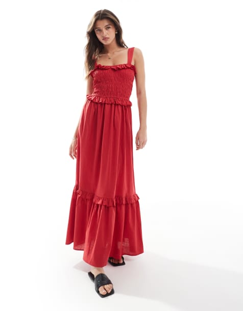 Esmee Exclusive shirred maxi beach dress with ruffle trim in red - view 1