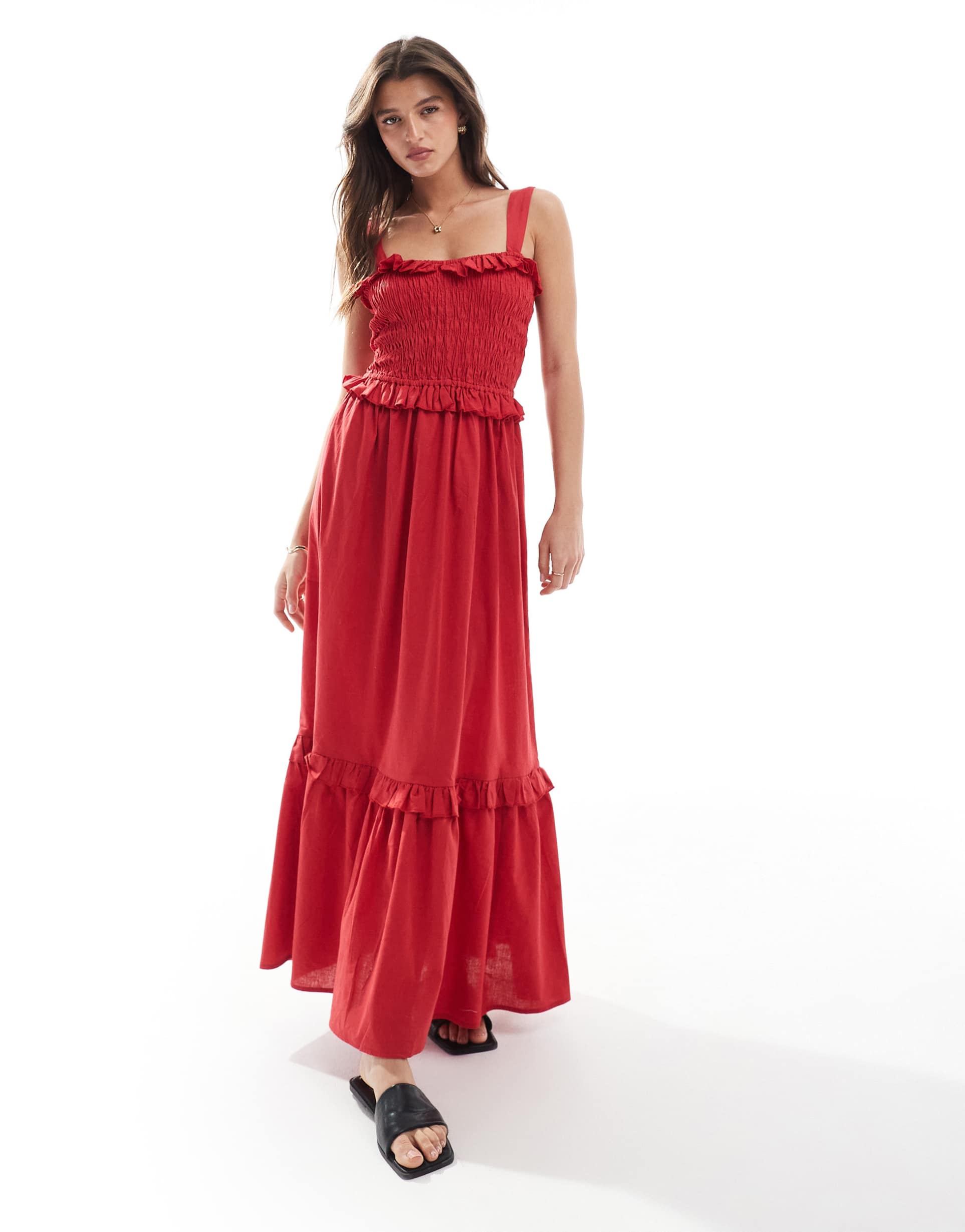 esmee exclusive shirred maxi beach dress with ruffle trim in red