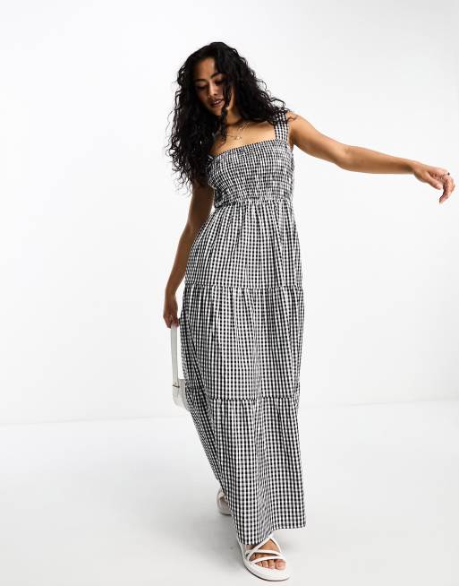  Esmee Exclusive shirred waist maxi summer dress in black and white gingham 