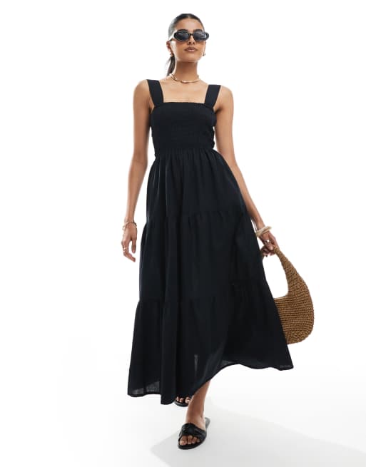 Esmee Exclusive shirred waist maxi summer dress in black, 3 of 4