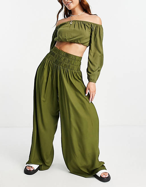 Esmee Exclusive shirred wide leg beach pants in khaki (part of a set)