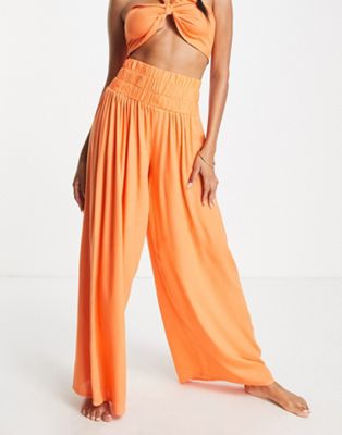 Esmee Exclusive shirred wide leg beach trouser co-ord in orange - ASOS Price Checker