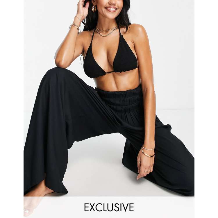 Esmee Exclusive shirred wide leg beach trousers in black