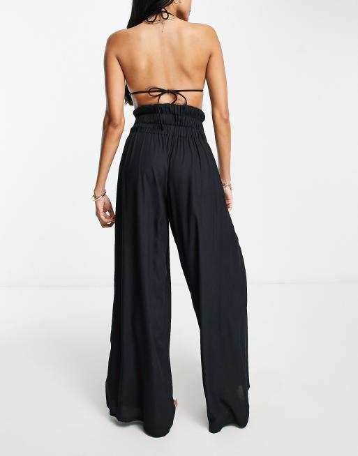 Esmee Exclusive shirred wide leg beach trousers in black