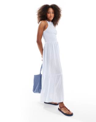 Exclusive shirring halter maxi beach dress in blue and white stripe-Multi