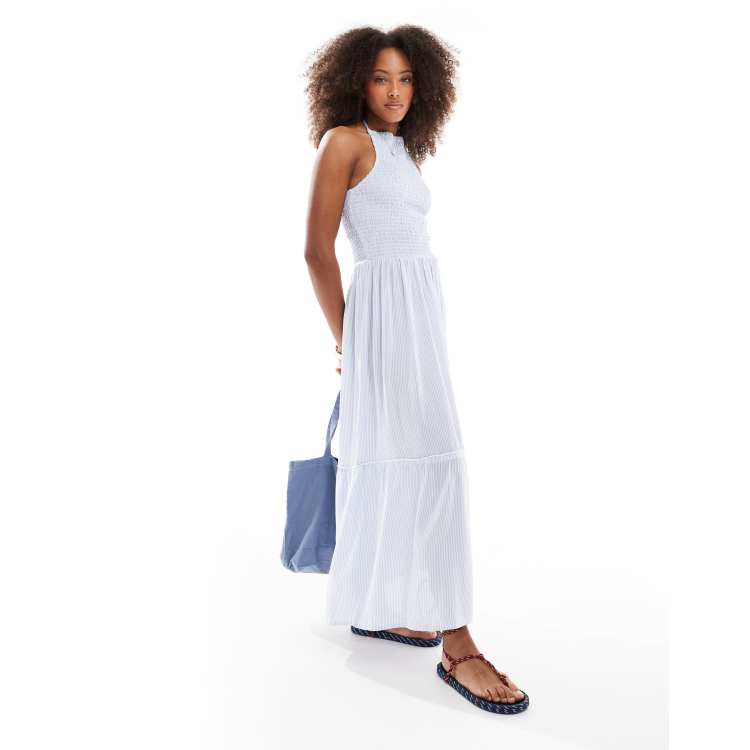 Esmée Exclusive shirring halter maxi beach dress in blue and