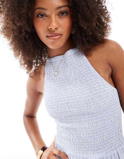 Esmée Exclusive shirring halter maxi beach dress in blue and white stripe