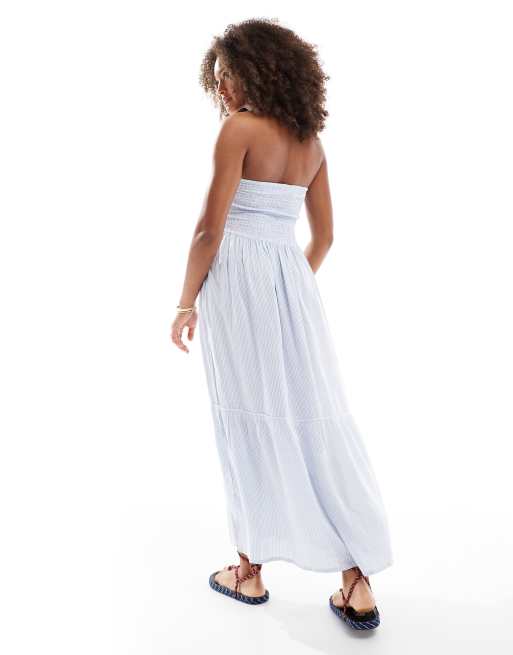 Esmée Exclusive shirring halter maxi beach dress in blue and white stripe