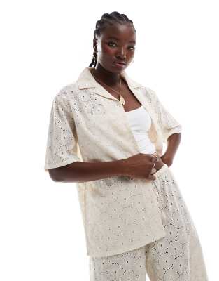 Esmee Exclusive short sleeve crochet beach shirt co-ord in cream-White