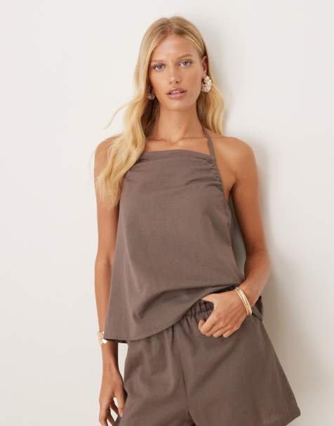 Esmee Exclusive strappy beach crop top co-ord in brown - view 1