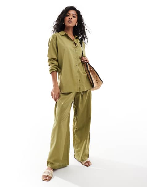 Esmee Exclusive textured beach trouser co-ord in olive green - view 1