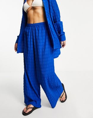Esmee Exclusive textured beach wide leg trouser co-ord in cobalt blue