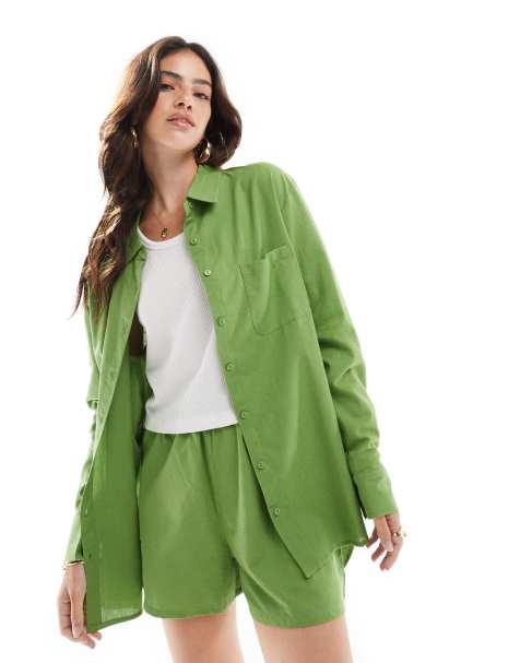 Esmee Exclusive textured oversized long sleeve beach shirt in olive - view 1