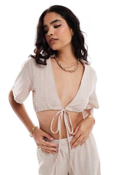 Esmee Exclusive textured tie front beach crop top co-ord in oat - view 1