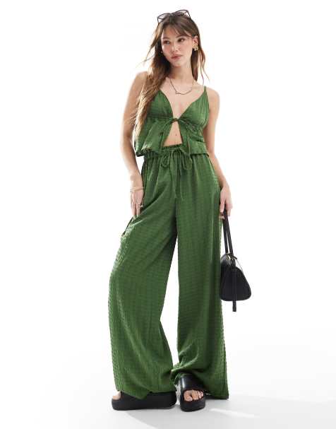Esmee Exclusive textured wide leg beach trouser co-ord in olive - view 1