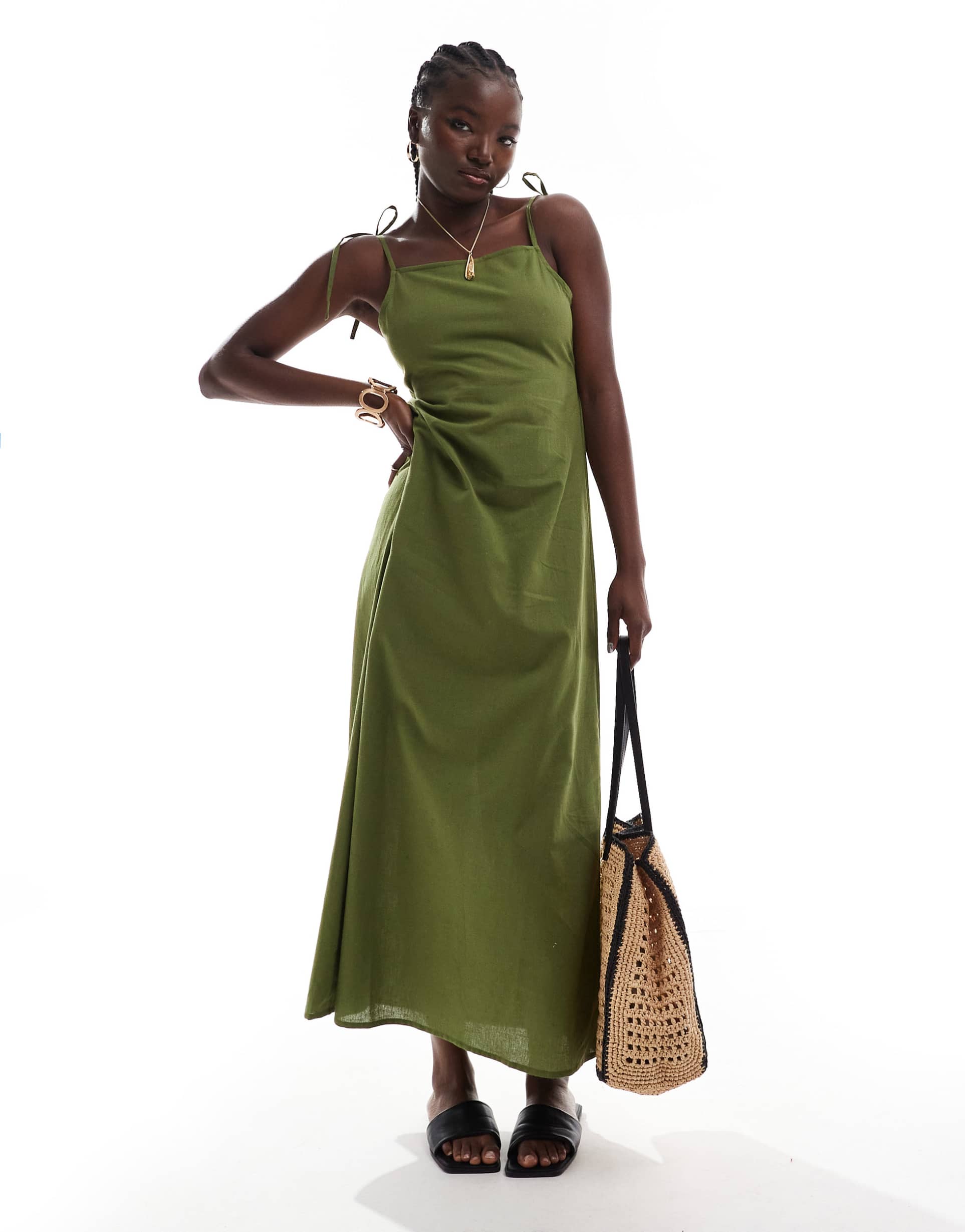 esmee exclusive tie back maxi beach dress in olive green