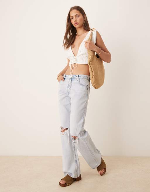 Esmée Exclusive tie front beach crop top in white ditsy print, 2 of 4