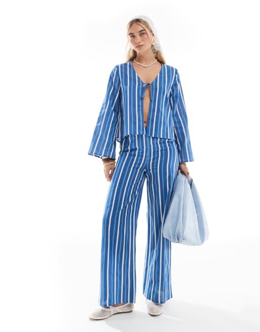 Esmee Exclusive tie front beach top with angel sleeve in blue stripe, 2 of 4