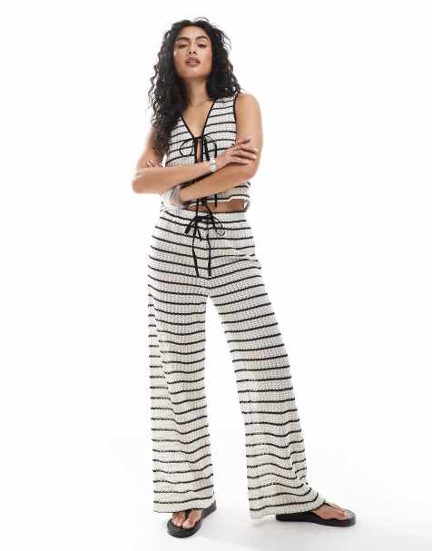 Esmee Exclusive tie front beach trousers in black and white stripe - view 1