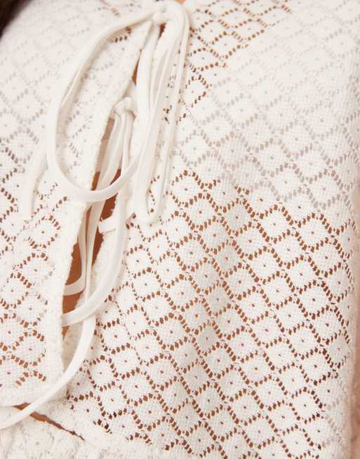 Esmée Exclusive tie front crochet beach waistcoat in white (part of a set), 2 of 4