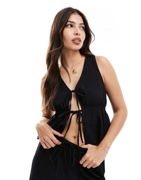 Esmee Exclusive tie front detail beach crop top in textured black - part of a set - view 1