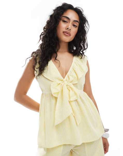 Esmee Exclusive tie front frill collar beach top in yellow and white stripes - view 1