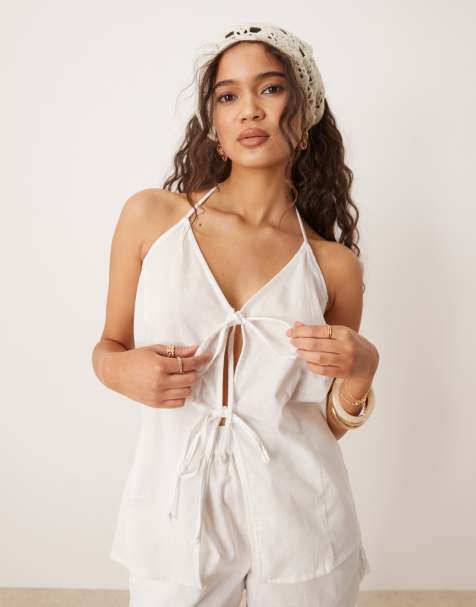 Esmee Exclusive tie front halter beach top in white (part of a set) - view 1