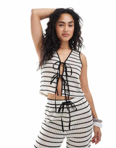 Esmee Exclusive tie front knit waistcoat in black and white stripe - view 1
