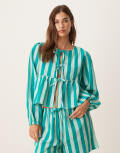 [Esmée] Esmee Exclusive tie front long sleeve beach top in green stripe (part of a set) 8 Green