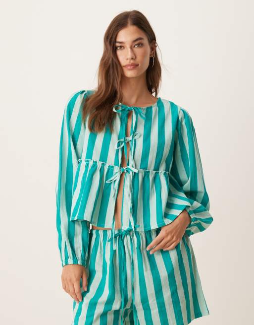 Esmee Exclusive tie front long sleeve beach top in green stripe (part of a set)
