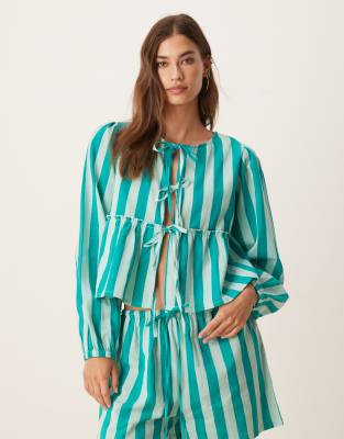 Esmee Exclusive tie front long sleeve beach top in green stripes - part of a set