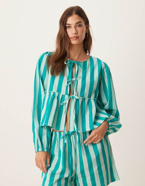 Esmee Exclusive tie front long sleeve beach top co-ord in green stripe