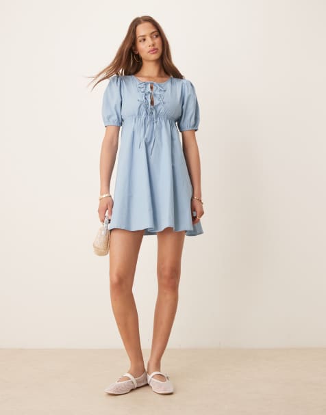 Esmee Exclusive tie front puff sleeve mini beah dress in dusty blue - view 1