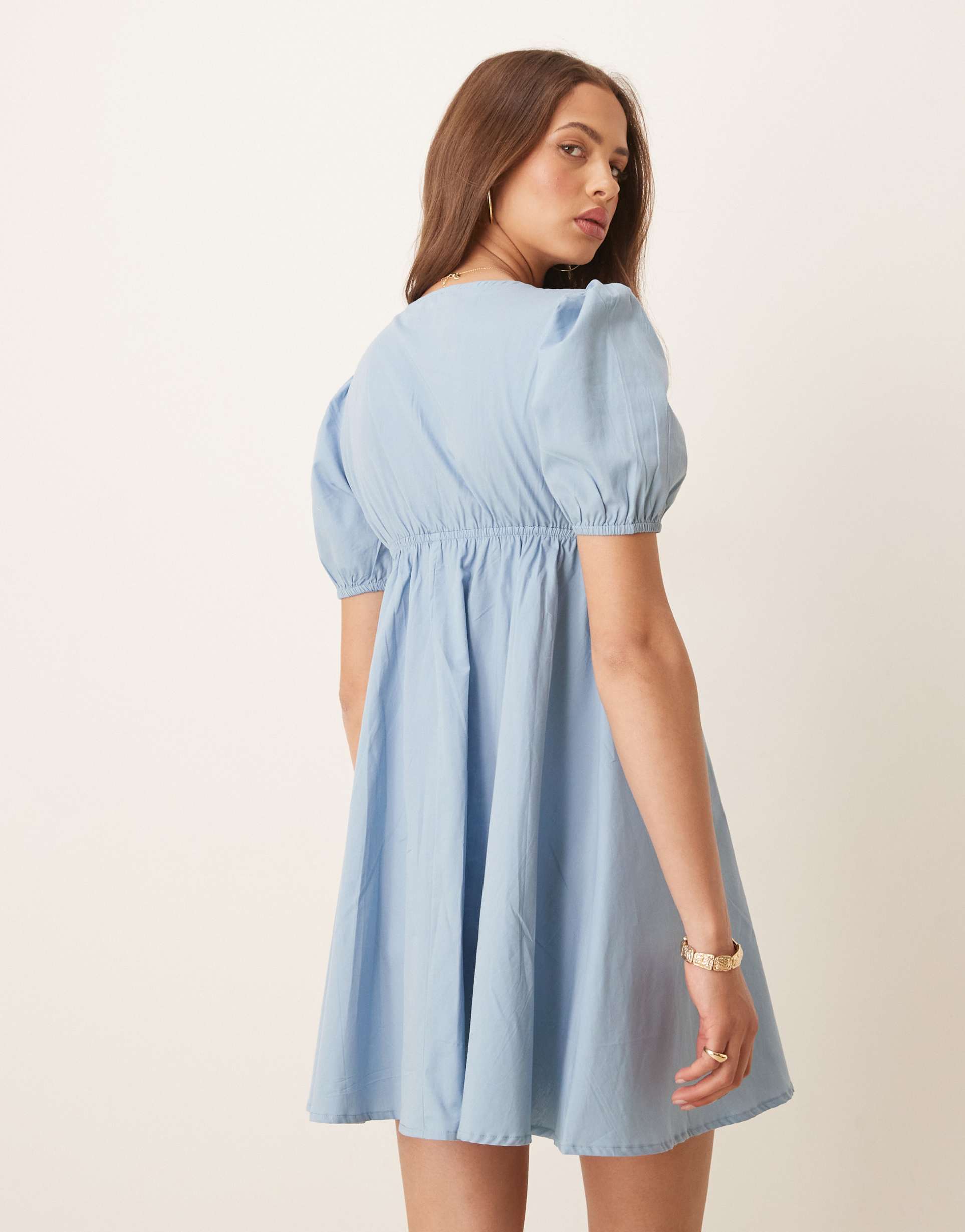 esmée exclusive tie front puff sleeve mini beah dress in dusty blue