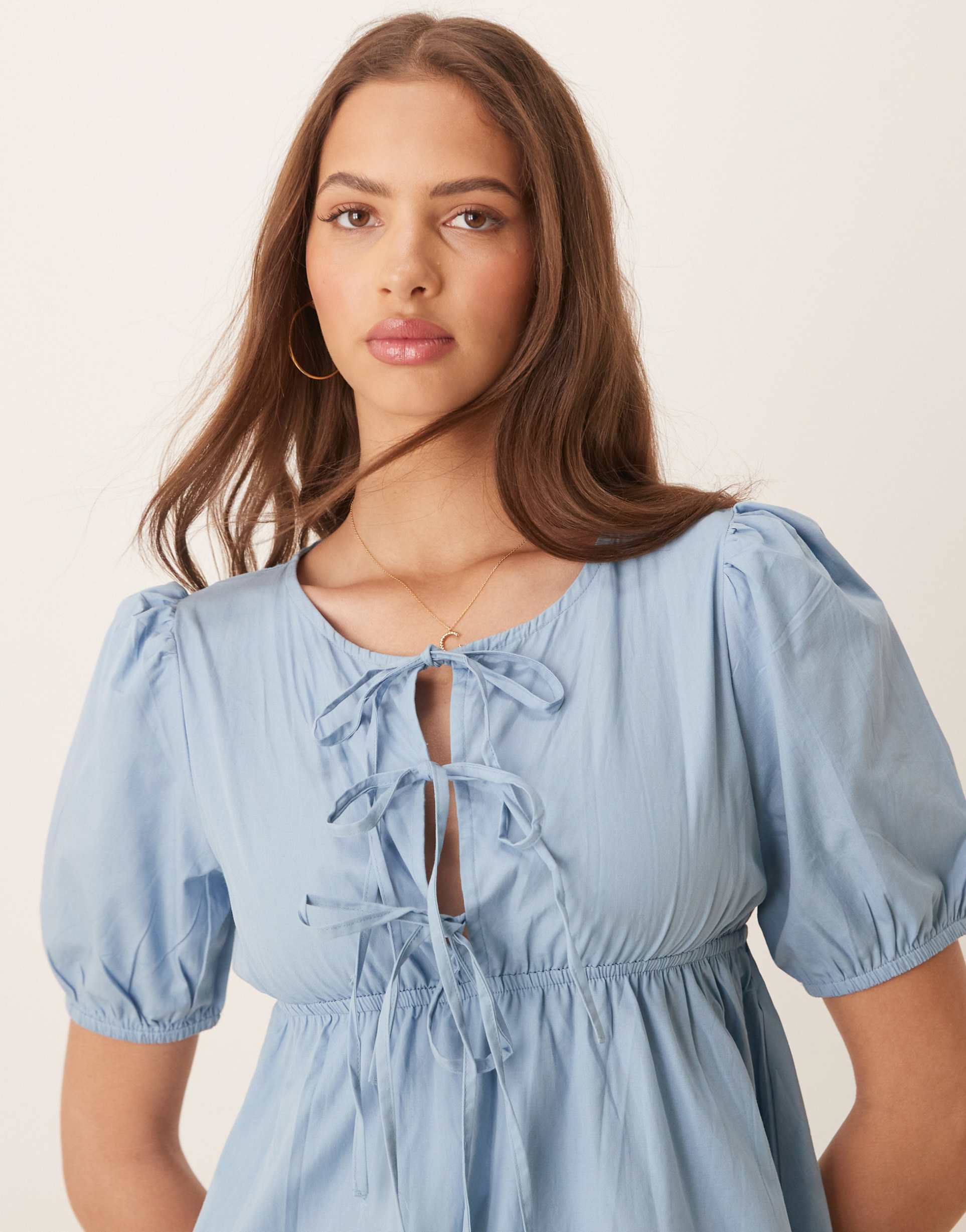 esmée exclusive tie front puff sleeve mini beah dress in dusty blue